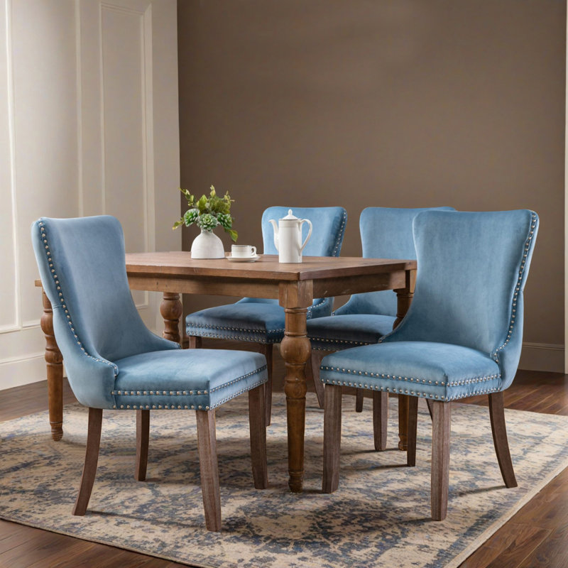 Upholstered Tufted Wing-Back Dining Chair with Backstitching Nailhead Trim and Solid Wood Legs, Set of 4,  Light Blue