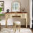 Vintage Makeup Vanity With Curved Flower Frame Mirror, 5 Drawers, Leather Stool, And Solid Wood Legs For Elegant Bedroom Decor