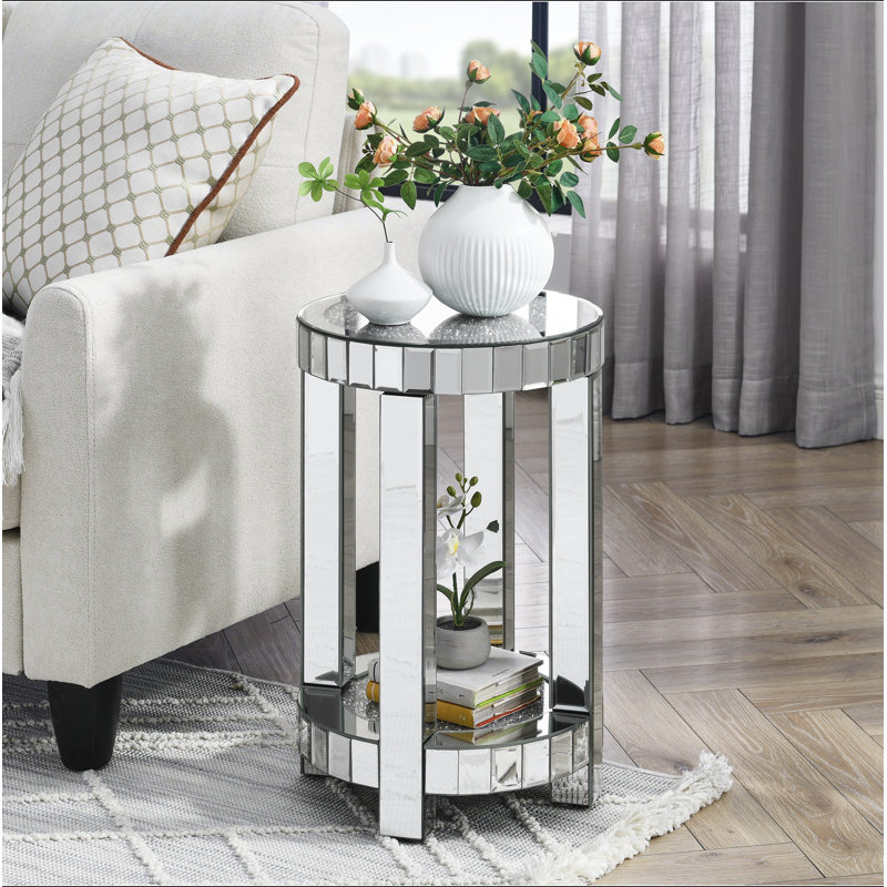Table ronde en miroir avec incrustation de cristal, petit canapé moderne à 2 couches avec espace de rangement, table décorative argentée convenant au salon, à la chambre à coucher, au café et aux petits espaces