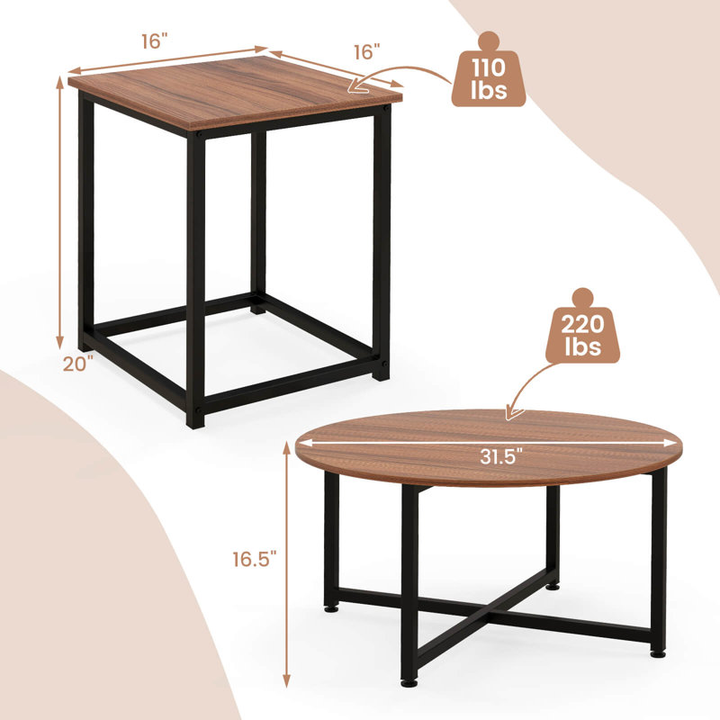 Walnut and Black 3-Piece Modern Nesting Coffee Table Set