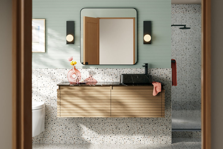 modern bathroom with a rounded square mirror over a floating vanity