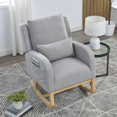 27.5" Wide Modern Teddy Upholstered High Back Rocking Chair with Lumbar Pillow and Side Pockets