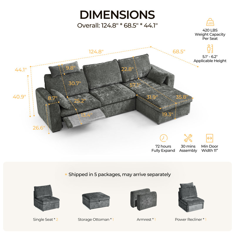 4-seater Chenille Oversized Power Recliner Sofa With Headrest, Extra Wide Modular Cloud Sectional Reclining Couch, Convertible With Storage Ottoman For Home Theater Living Room