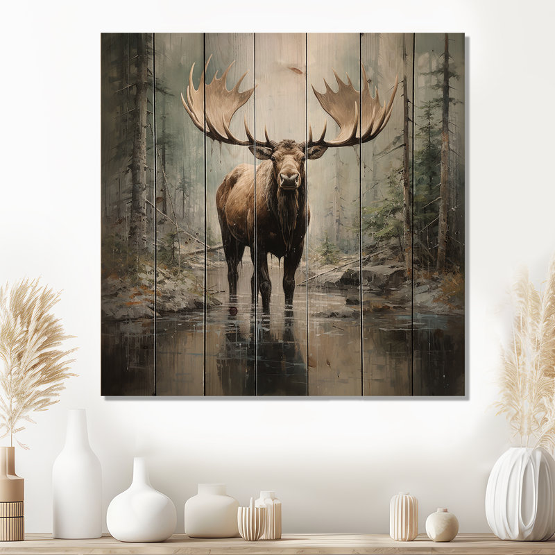 Mystic Moose In Forest II - impression d'orignal sur bois, H 15 po x l 15 po