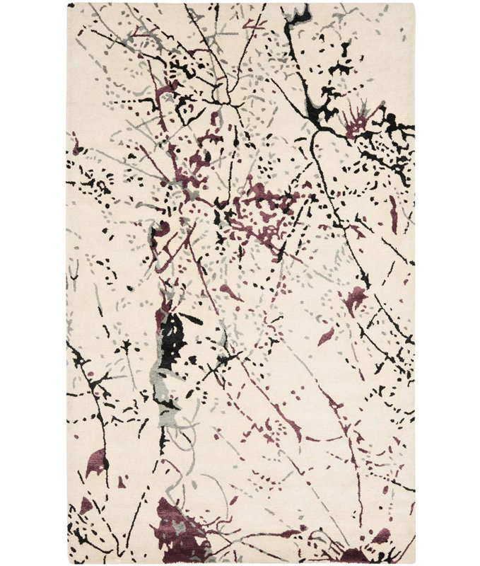 Tapis abstrait en laine / coton / viscose touffeté à la main Amier en ivoire / rouge / noir, Rectangle 7 pi 6 po x 9 pi 6 po
