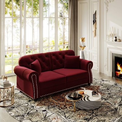 Chesterfield Sofa with Nailhead Trim, Rolled Armrests, Button Tufted Couch with 2 Pillows