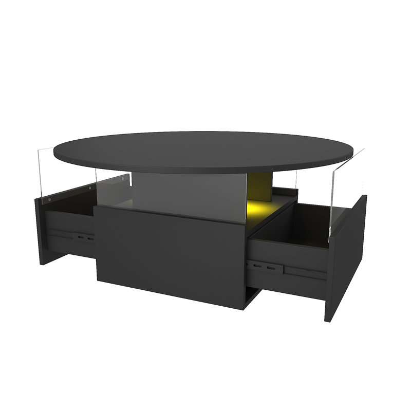 Solid Round Coffee Table with Two Drawers, Black