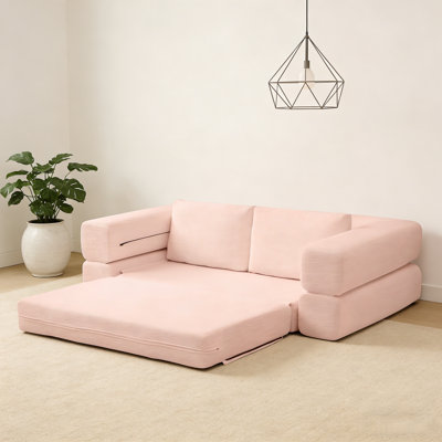 81" 3-In-1 Convertible Sofa Bed, Corduroy Folding Floor Couch With Pillows, Pink For Living Room & Bedroom