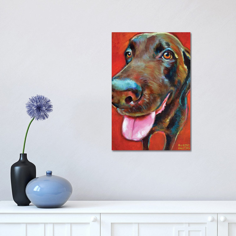 «Chocolate Lab» par Robert Phelps - peinture sur toile tendue, H 18 po x l 12 po x 1,5 po