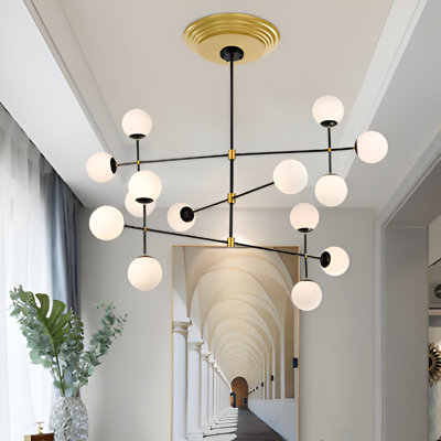 Lustre Sputnik moderne à 14 lumières, suspension globe en verre de style milieu du siècle, abat-jour blanc laiteux, luminaire suspendu pour salle à manger, salon ou cuisine.