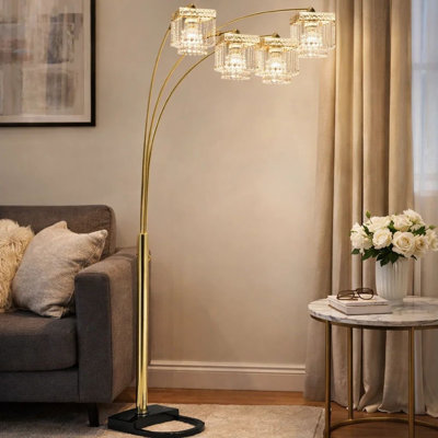 Kyle Arch Floor Lamp, Adjustable Arms, 4 Square Crystal Shades, Black, Gold