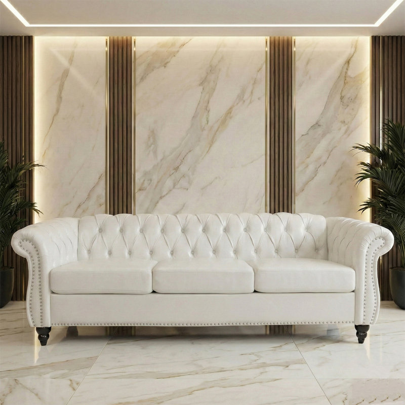 Canapé classique en cuir PU Chesterfield avec dossier capitonné, accoudoirs roulés et garniture cloutée, 3, Blanc