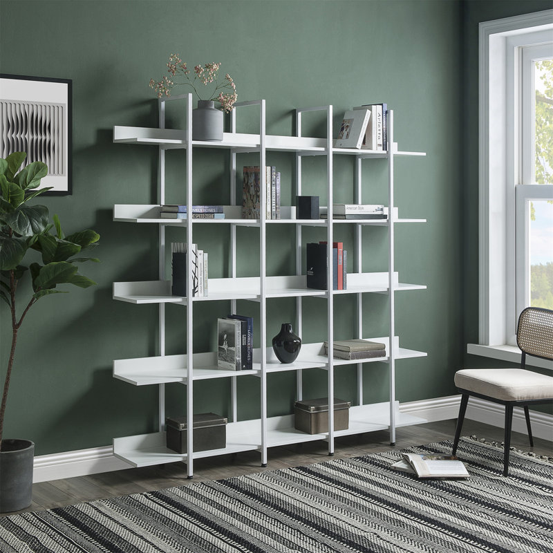 5 Tier Bookcase Home Office Bookshelf, Industrial Style Shelf with Metal Frame, White, 70.7" H x 70.9" W x 10.2" D