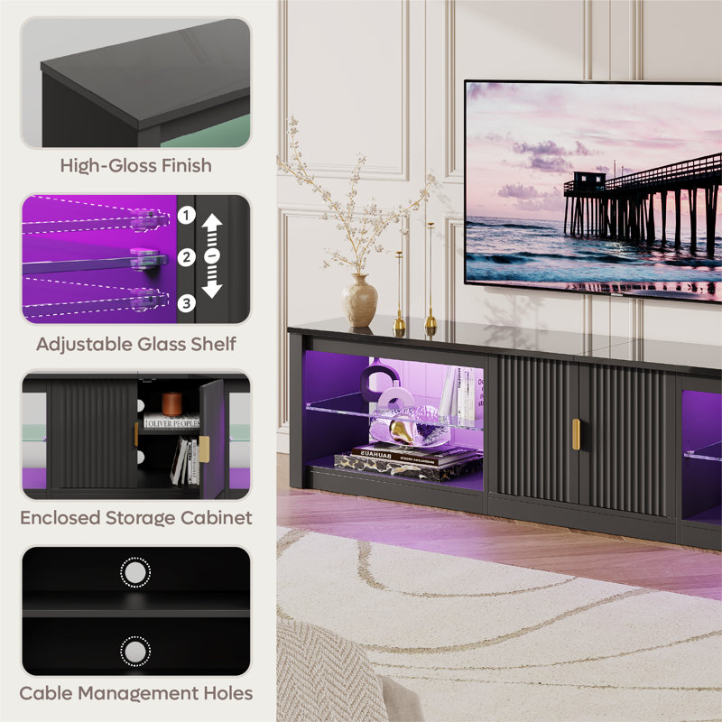 Kruszewski 80" Modern Fluted TV Stand with Adjustable Shelf, LED Media Console for 85 Inch TV, Glossy TV Console with Cabinet