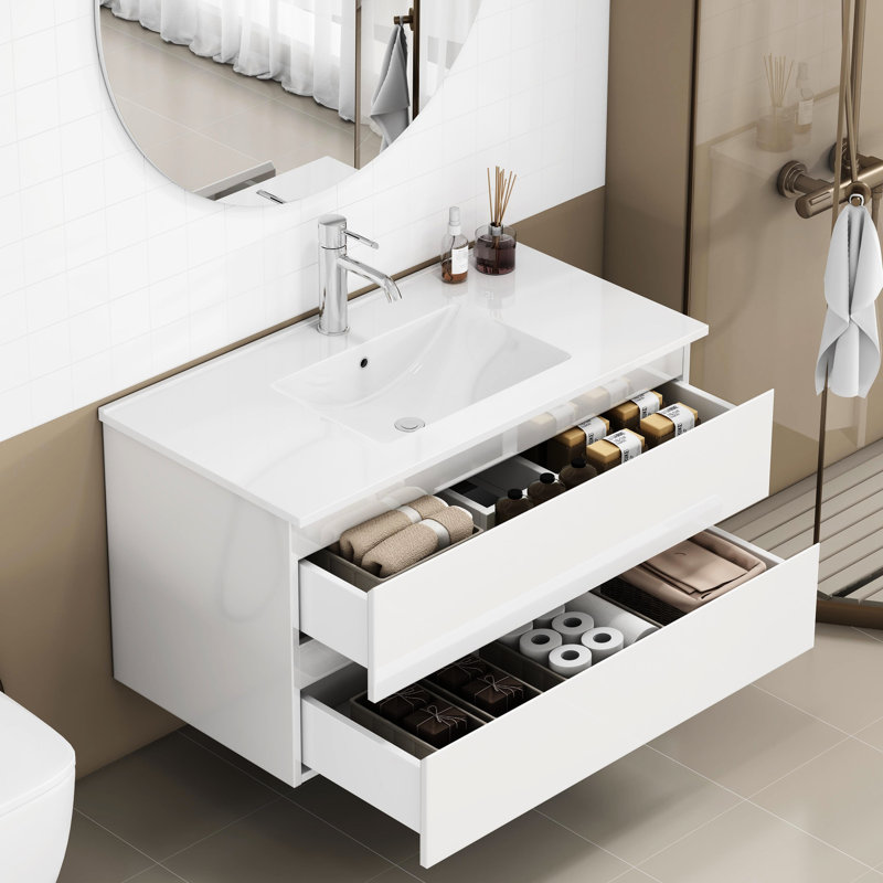 Meuble-lavabo de 36 pouces avec lavabo, double tiroir surdimensionné, mécanisme à fermeture en douceur, poignée - blanc brillant, installation facile pour le meuble-lavabo familial, lavabo en céramique, grand double moderne