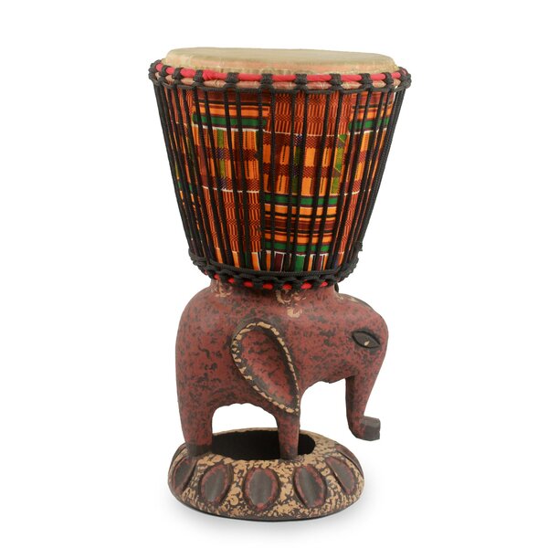 Novica African Elephant Wood Djembe Drum Sculpture 