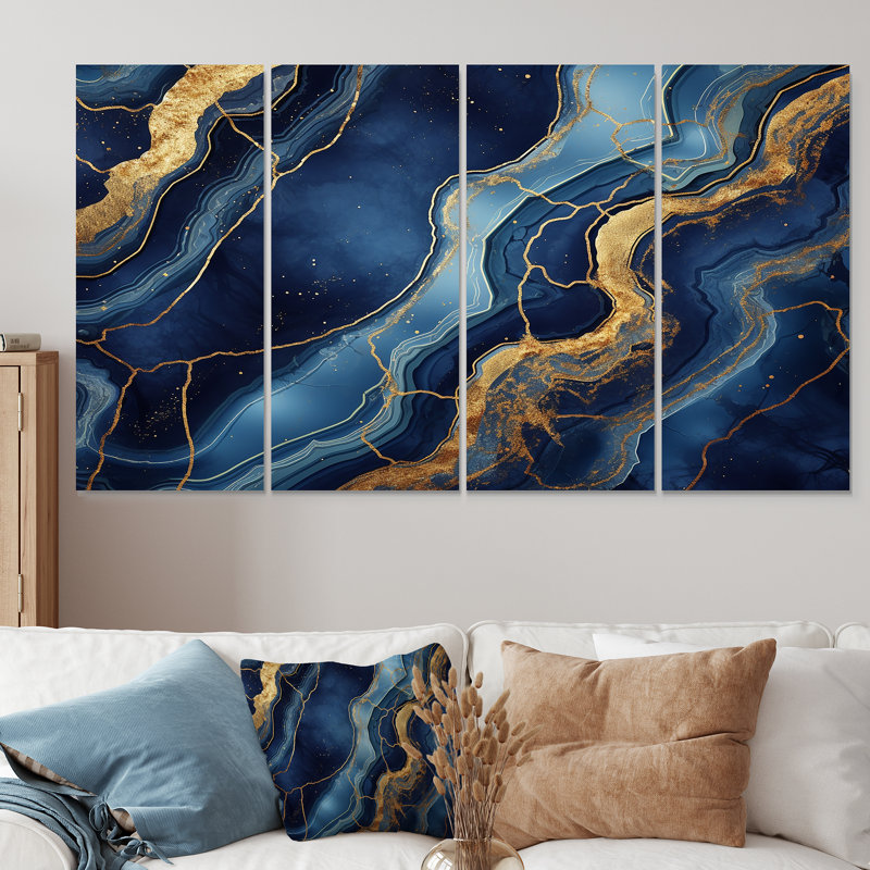 «Blue and Gold Abstract Marble Mirage IV», art abstrait en marbre 4 pièces, H 32 po x l 64 po