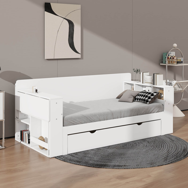 Full Size Daybed With Desk,Drawers And Hydraulic Side Table, White, Full