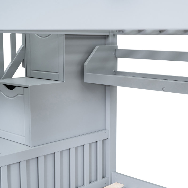 Lit de style gris, 2 tiroirs, 3 tablettes et glissade, structure stable pour un lit superposé gris avec maisonnette Creative