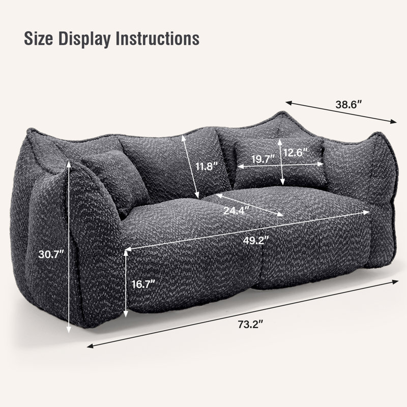 Compressed Sofa, Two-Seat Bean Bag Sofa With Pillows And Armrests For Bedroom Living Room, Black Fabric