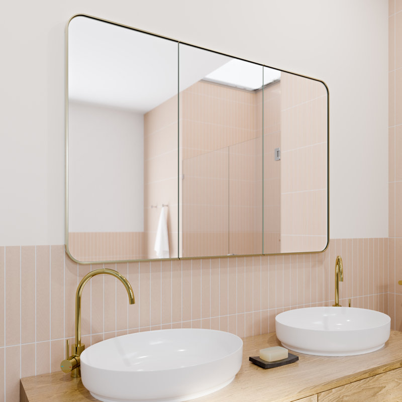 Three Door Steel Frame Square Shape Medicine Cabinet, Satin Brass