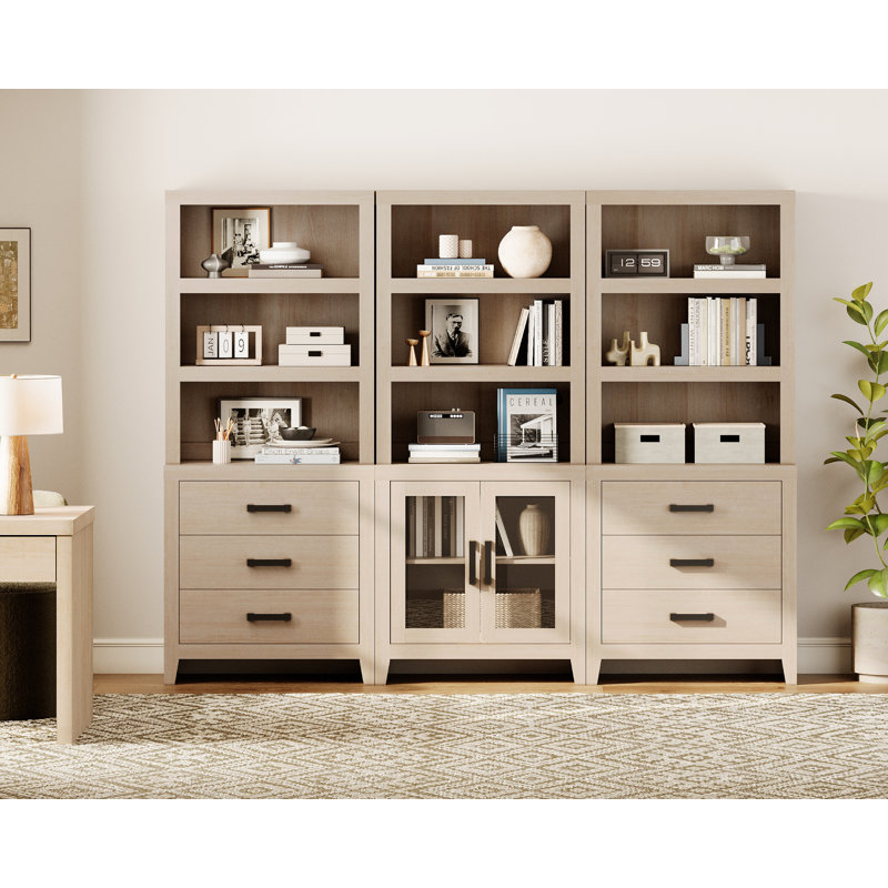 74" Tall  Bookshelf With, 3-Tier Farmhouse Bookcase With Glass Doors And Drawers, Multifunctional Storage Cabinet For Living Room, Home Office, Library, Beige