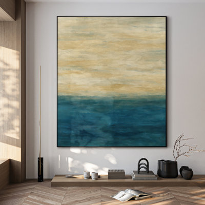 Très grande impression d'art abstrait bleu Horizon - beige neutre et tons océaniques, œuvre d'art moderne pour le salon ou la chambre à coucher, assemblage requis