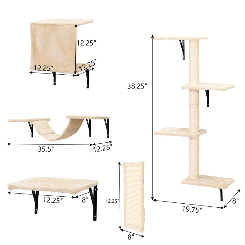 Ensemble de rassemblement mural pour chat 5 pièces - beige, avec tablettes, perchoirs et poteaux à griffer, Beige
