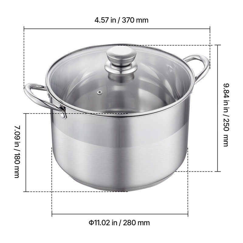 Marmite en acier inoxydable 12 pintes avec couvercle en verre, 14,96 x 11,42 x 10,43 po, 1 pièce, marmite, naturel, compatible multi-poêles