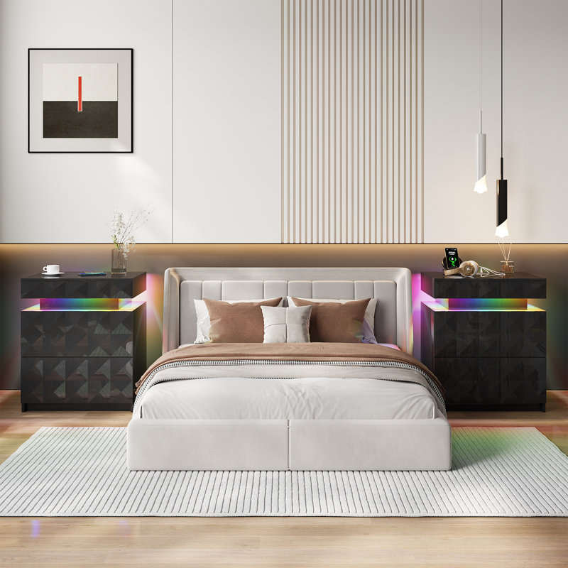 Table de chevet moderne l 19,7 po Ashten avec 3 tiroirs diamantés, éclairage intelligent et charge, Noir