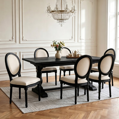 French Country Dining Chairs, Upholstered Chairs with Sponge Round Back , for Living Room, Kitchen , Restaurant Use, Black Solid Wood Frame,Light Grey Fabric