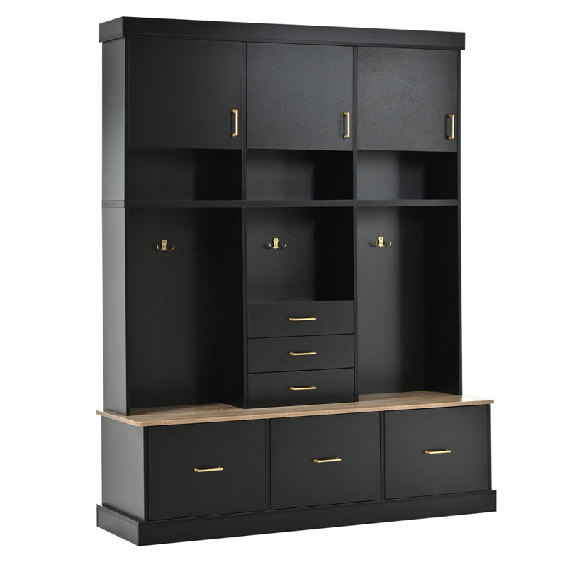 Entryway Hall Tree With Bench And Storage, 5-In-1 Modern Organizer With Coat Rack, Drawers, Cabinets, And Top Shelves For Efficient Space Utilization