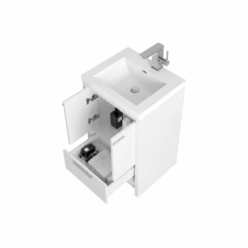  Meuble-lavabo simple de 24 po avec comptoir en résine blanc brillant, HG.White Design moderne pour petite salle de bain, 24"