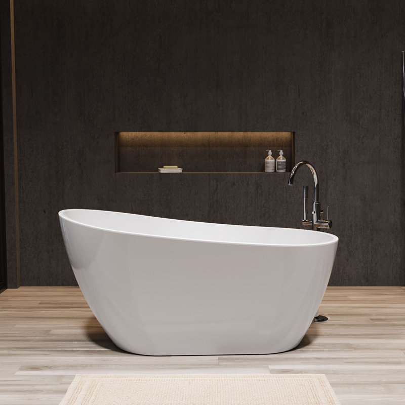 Baignoire de trempage autoportante à dossier haut en acrylique blanc brillant avec trop-plein et drain intégrés