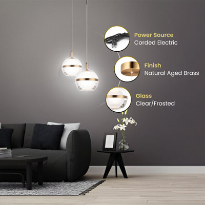 Luminaire suspendu en laiton naturel vieilli avec abat-jour acrylique transparent et givré ET2 Swank