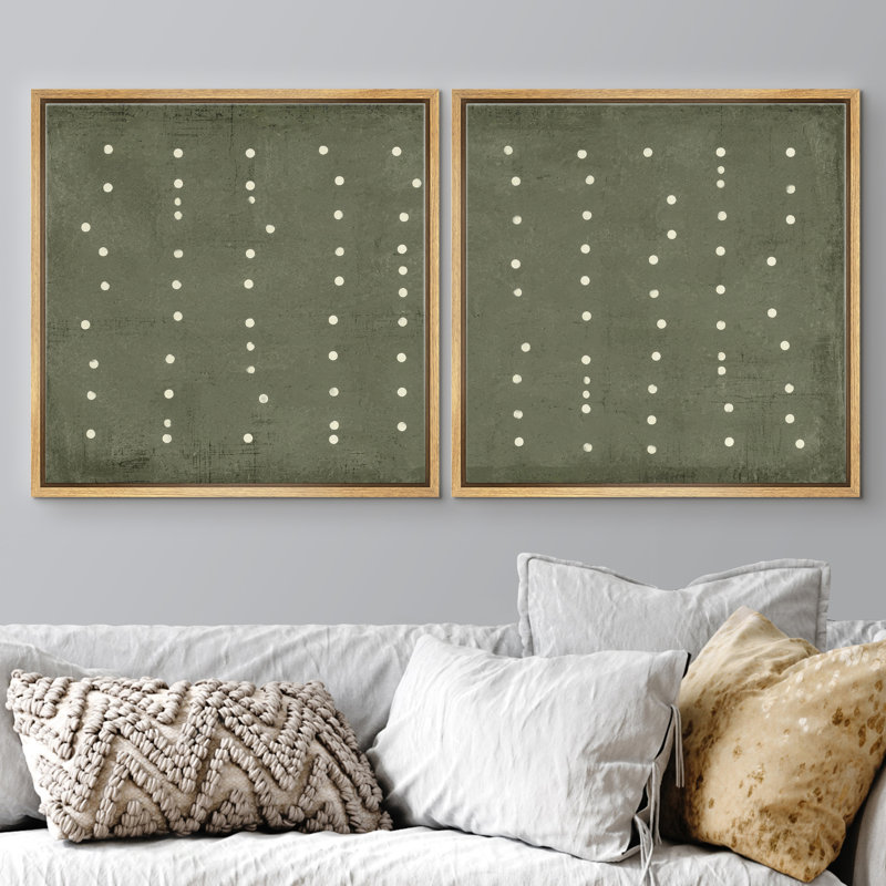 «Minimal Dot Grid», ensemble de motifs géométriques verts encadrés sur toile pour la chambre principale, Natural Framed