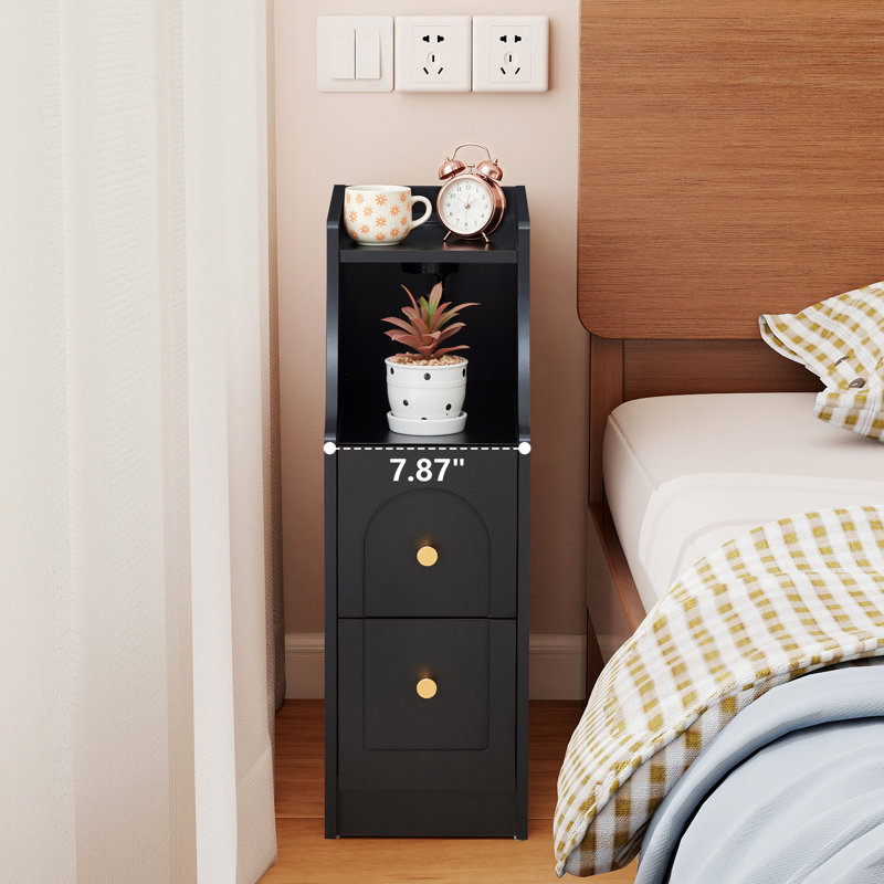 Table de bout étroite avec 2 tiroirs et rangement ouvert, Black