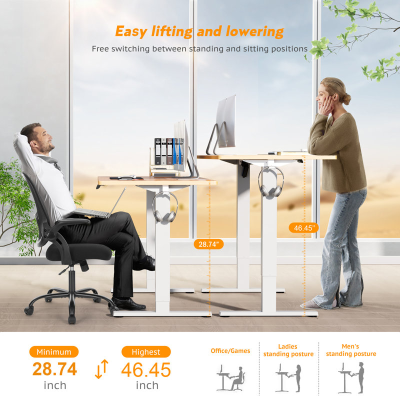 Bureaux à hauteur ajustable Ovidia, Naturel / Blanc, H 46,46 po x l 40 po x P 23,62 po