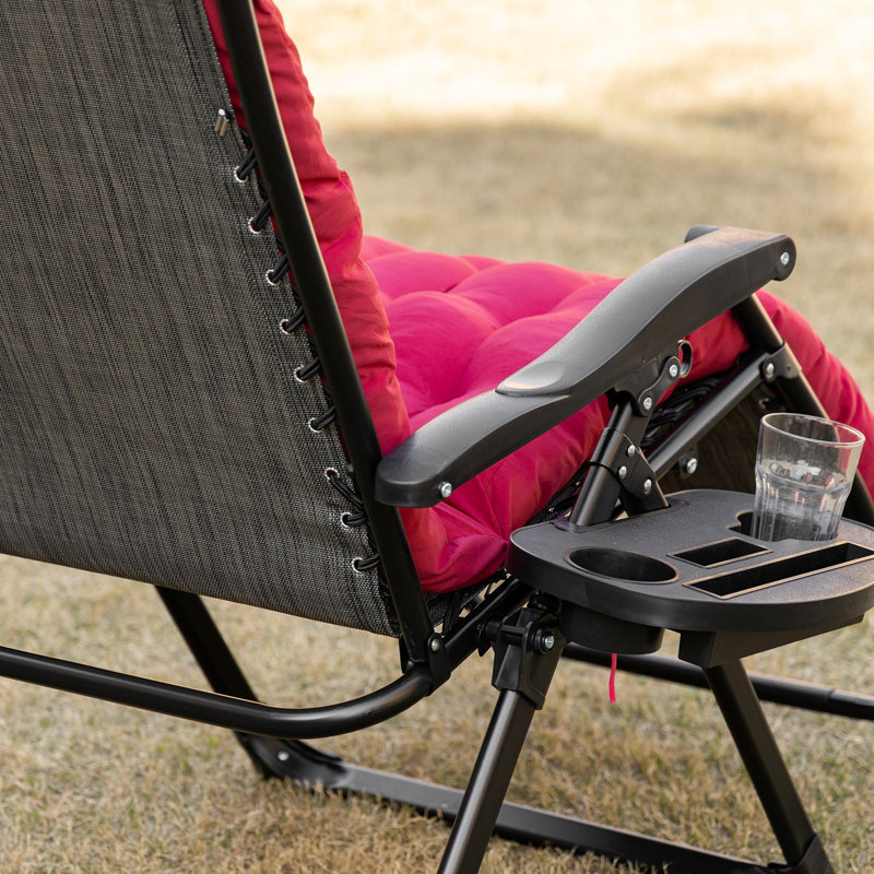 Folding Reclining Chair, Zero Gravity, Red With Padded Cushion & Side Shelf, 264 Lbs Supported, Indoor Outdoor Gravity Cushioned Pad Tray, Capacity,