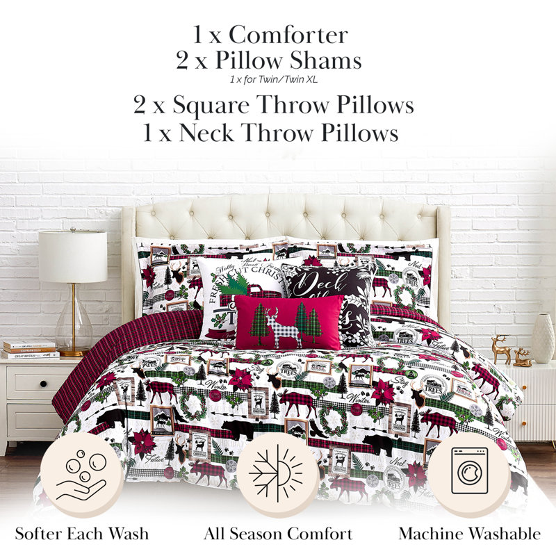 Merry Town White/Green/Red Microfiber Reversible Comforter Set, Queen Comforter + 5 Additional Pieces