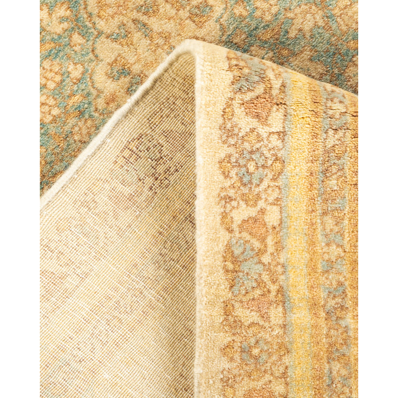 Tapis unique ivoire / bleu / brun noué à la main Trenice Mogul 4 pi 1 po x 6 pi 4 po