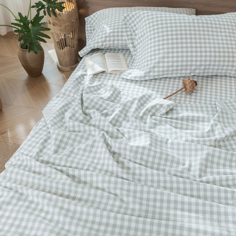 Ensemble de draps 100% coton lavé MooMee, Ensemble de draps pour grand lit avec 2 taies d'or, Gris gouttelette nordique