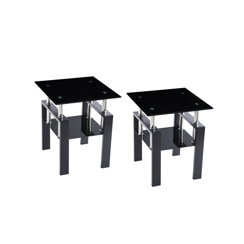 Ignasio Glass Top End Table, Black, 20.5" H x 17.7" W x 17.7" D, Black