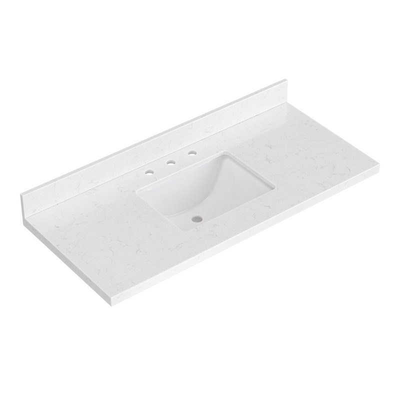 Comptoir de meuble-lavabo en quartz blanc Carrara de 48 po Ariel avec rebord à onglet de 1,5 po d'épaisseur avec lavabo simple rectangulaire et dosseret inclus