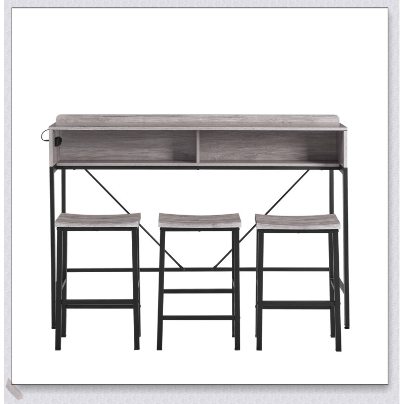 59 Inch Farmhouse Bar Table with Power Socket, LED Light, and 3 Saddle Stools for Living and Dining Rooms