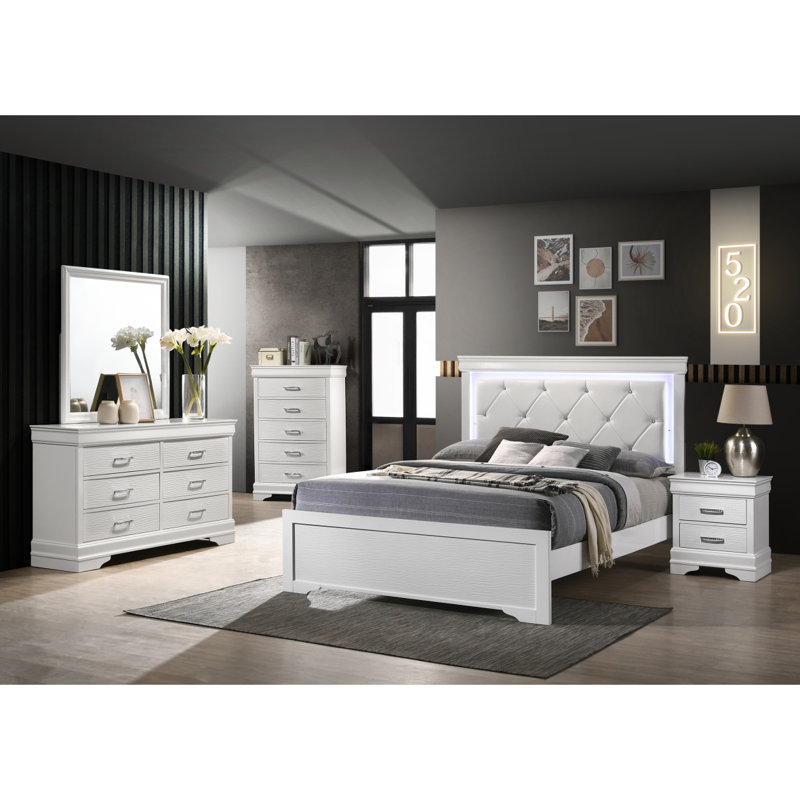 Ensemble de chambre à coucher capitonnée 5 pièces à DEL avec bois 5 pièces, Gris, Lit double