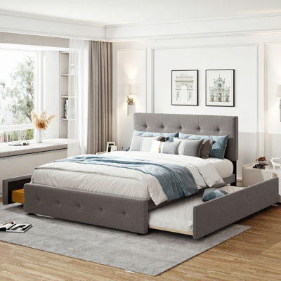 Upholstered Platform Bed With 2 Drawers And 1 Twin XL Trundle,  Linen Fabric, Queen Size - Light Gray