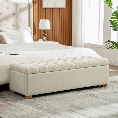 Banc de rangement rembourré 60 po en chenille de 60,2 po de large avec repose-pieds capitonné avec repose-pieds pour salon, chambre à coucher, entrée, salle à manger, dortoir, coin, beige