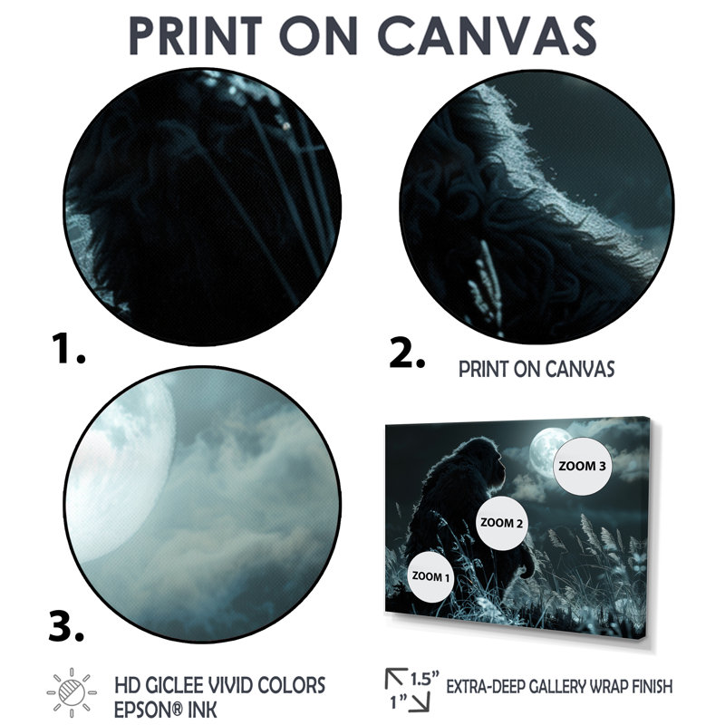Noir et blanc clair de lune prairie Bigfoot - Bigfoot Wall Art Living Room, Toile encadrée flottée blanche