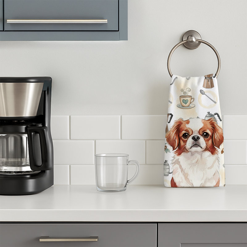 Red and White Japanese Chin Coffee Bar Kitchen Towel, Red and White Japanese Chin